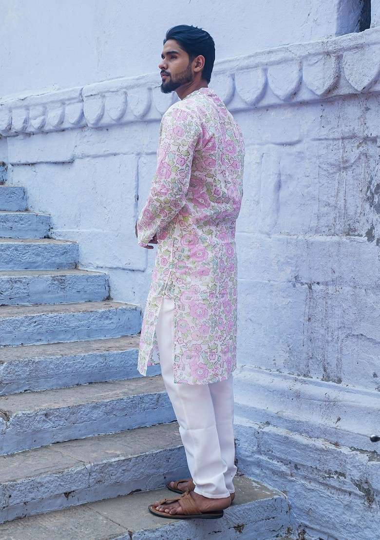 White Printed Woven Cotton Kurta For Men - Indya