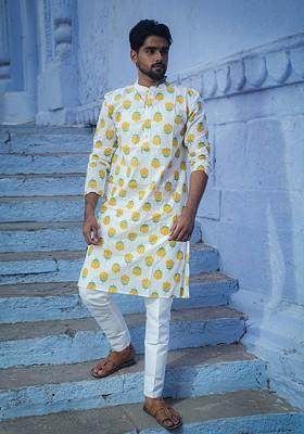 White Printed Woven Cotton Kurta For Men