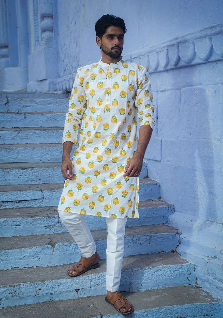 White Printed Woven Cotton Kurta For Men - Indya
