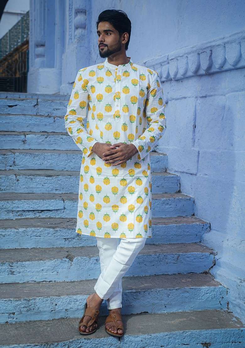 White Printed Woven Cotton Kurta For Men - Indya