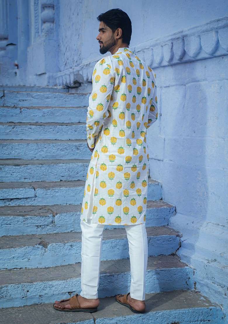 White Printed Woven Cotton Kurta For Men - Indya