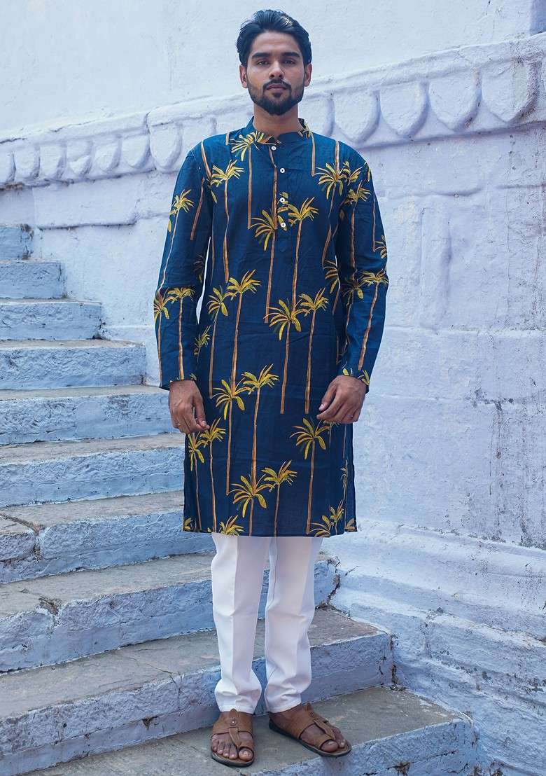 Navy Blue Printed Woven Cotton Kurta For Men - Indya