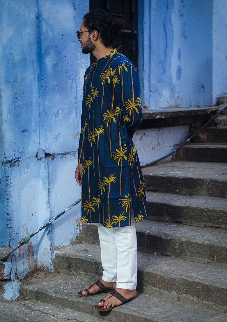 Navy Blue Printed Woven Cotton Kurta For Men - Indya