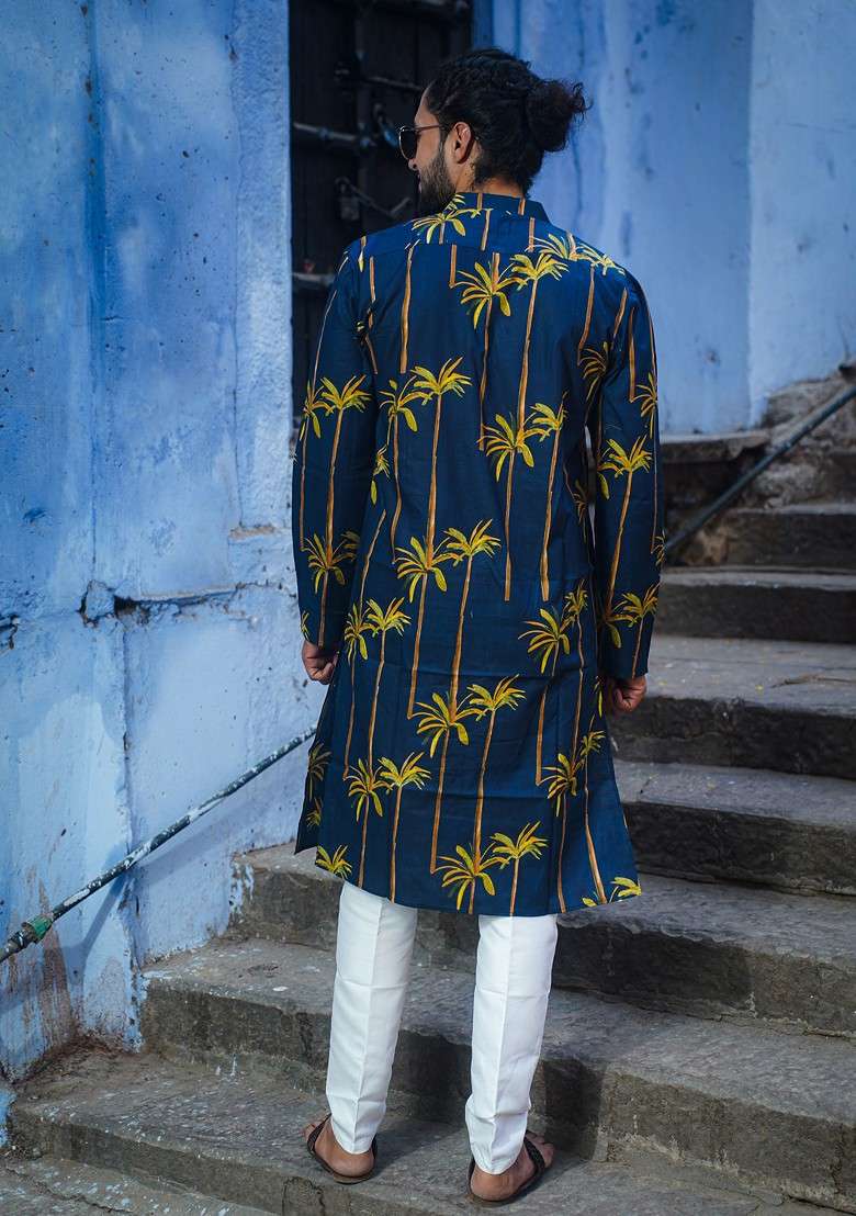 Navy Blue Printed Woven Cotton Kurta For Men - Indya