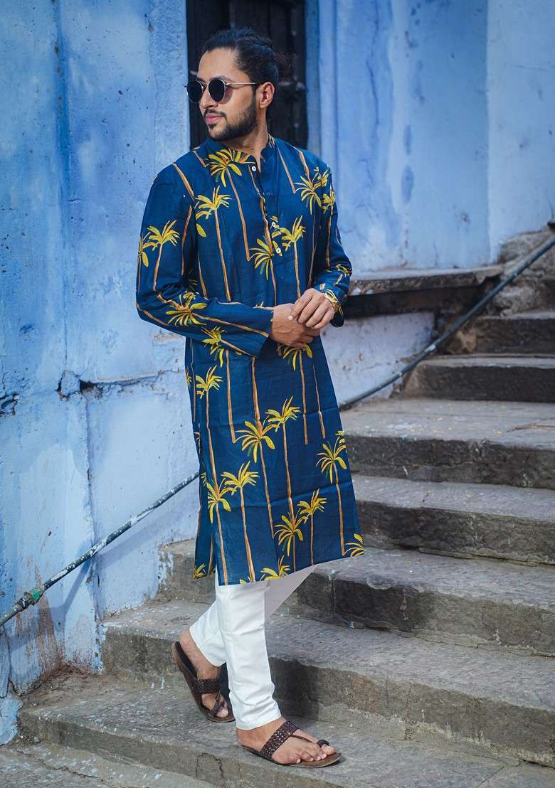 Navy Blue Printed Woven Cotton Kurta For Men - Indya
