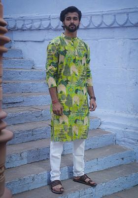 Green Printed Woven Cotton Kurta For Men