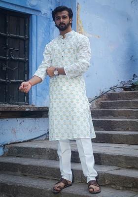 White Printed Woven Cotton Kurta For Men