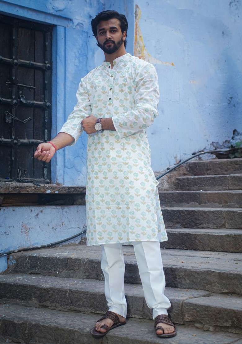 White Printed Woven Cotton Kurta For Men - Indya