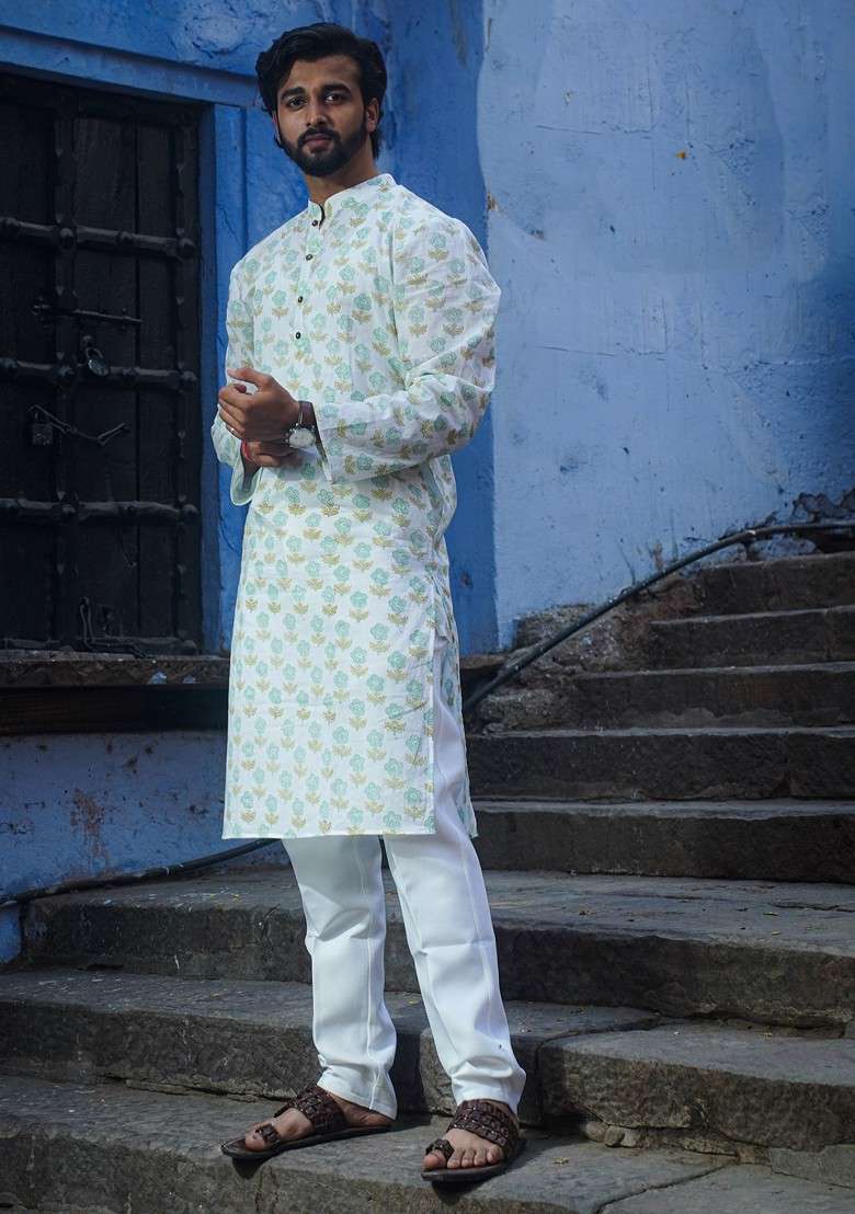 White Printed Woven Cotton Kurta For Men - Indya