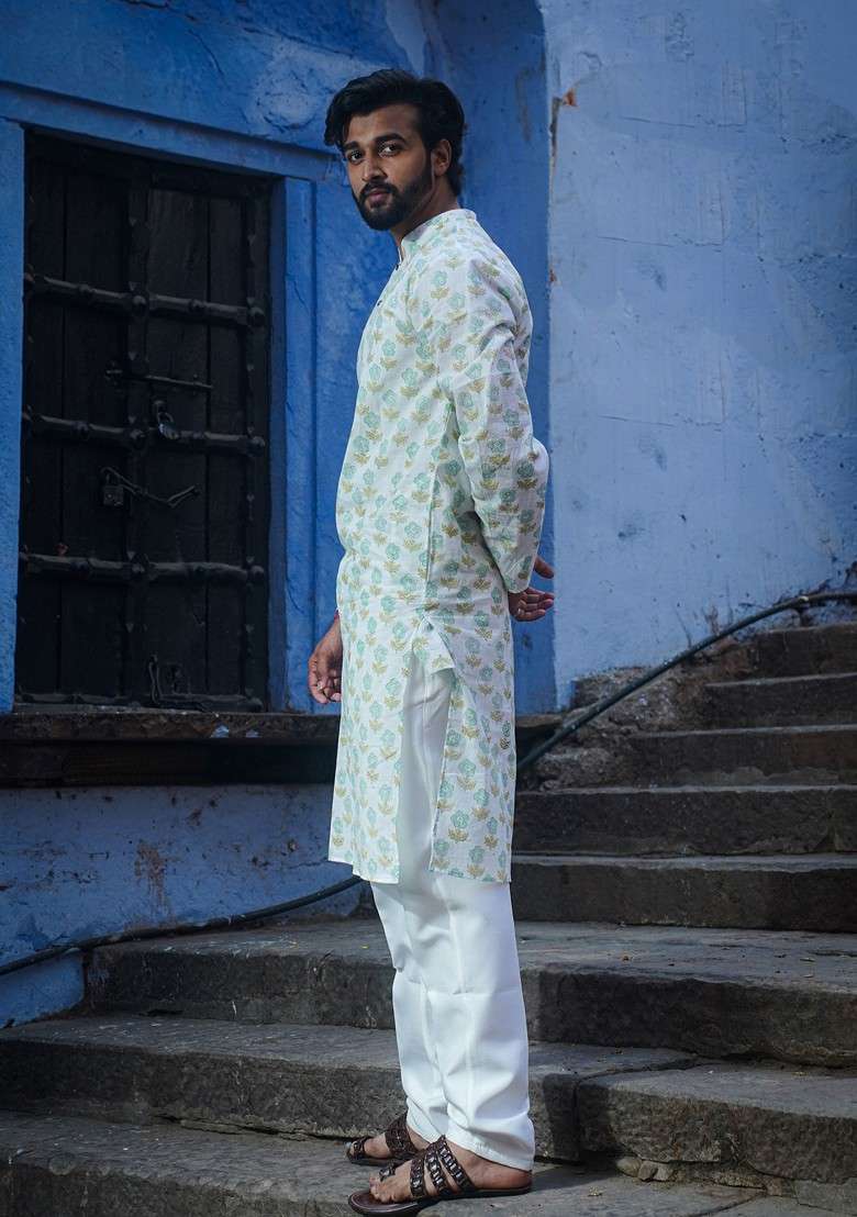 White Printed Woven Cotton Kurta For Men - Indya