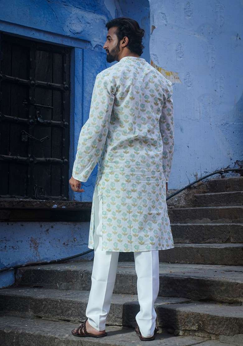 White Printed Woven Cotton Kurta For Men - Indya