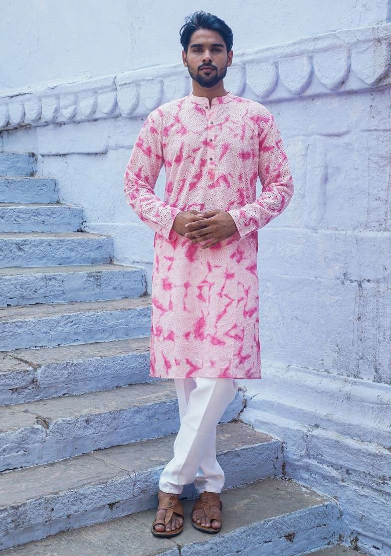 Pink Printed Woven Cotton Kurta For Men - Indya