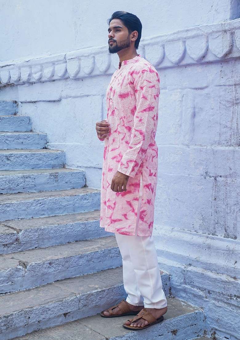 Pink Printed Woven Cotton Kurta For Men - Indya