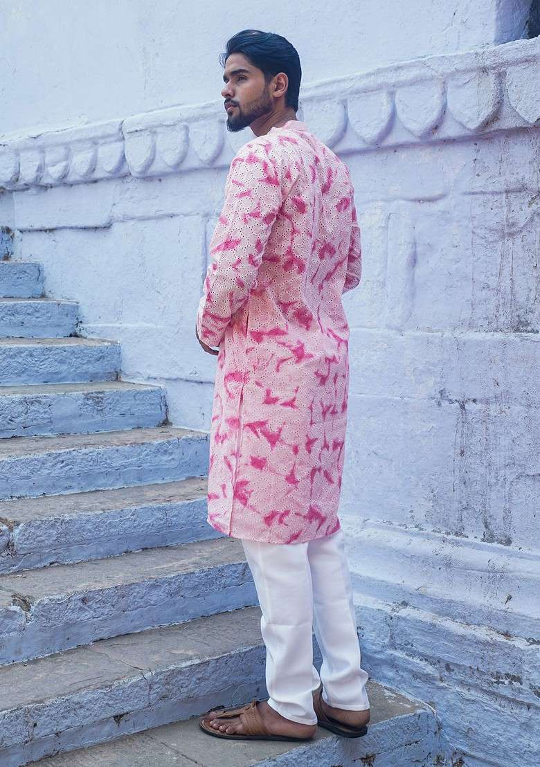 Pink Printed Woven Cotton Kurta For Men - Indya