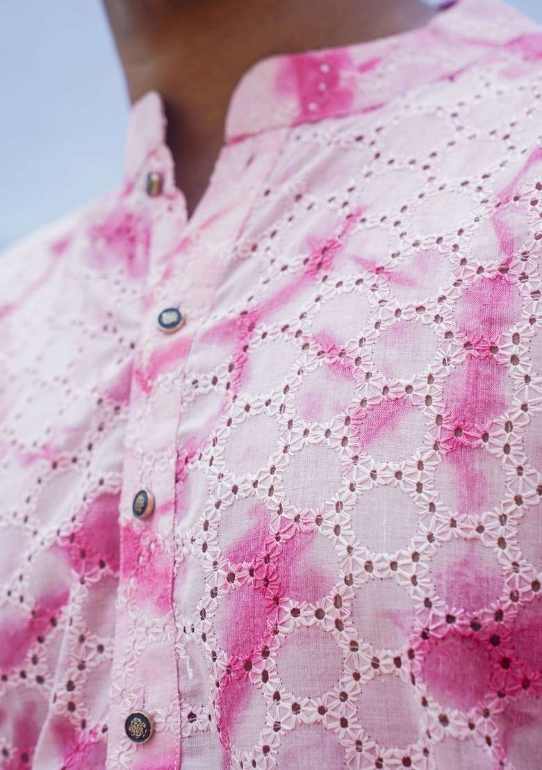 Pink Printed Woven Cotton Kurta For Men - Indya