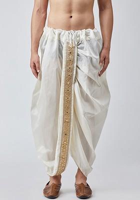Off White Solid Poly Blend Dhoti For Men