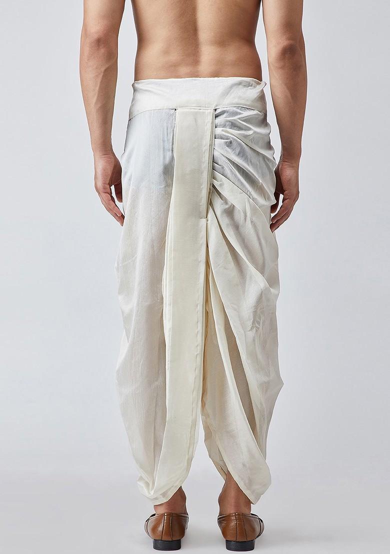 Off White Solid Poly Blend Dhoti For Men