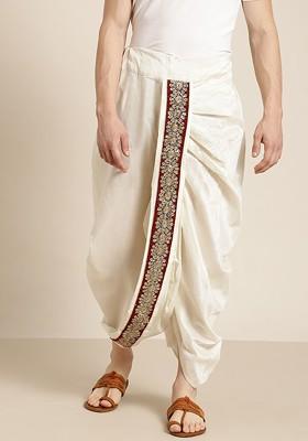 Cream Solid Poly Blend Dhoti For Men