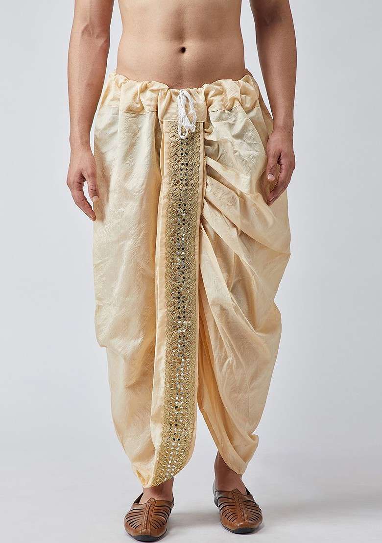 Beige Solid Poly Blend Dhoti For Men - Indya