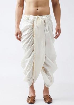 Off White Solid Poly Blend Dhoti For Men