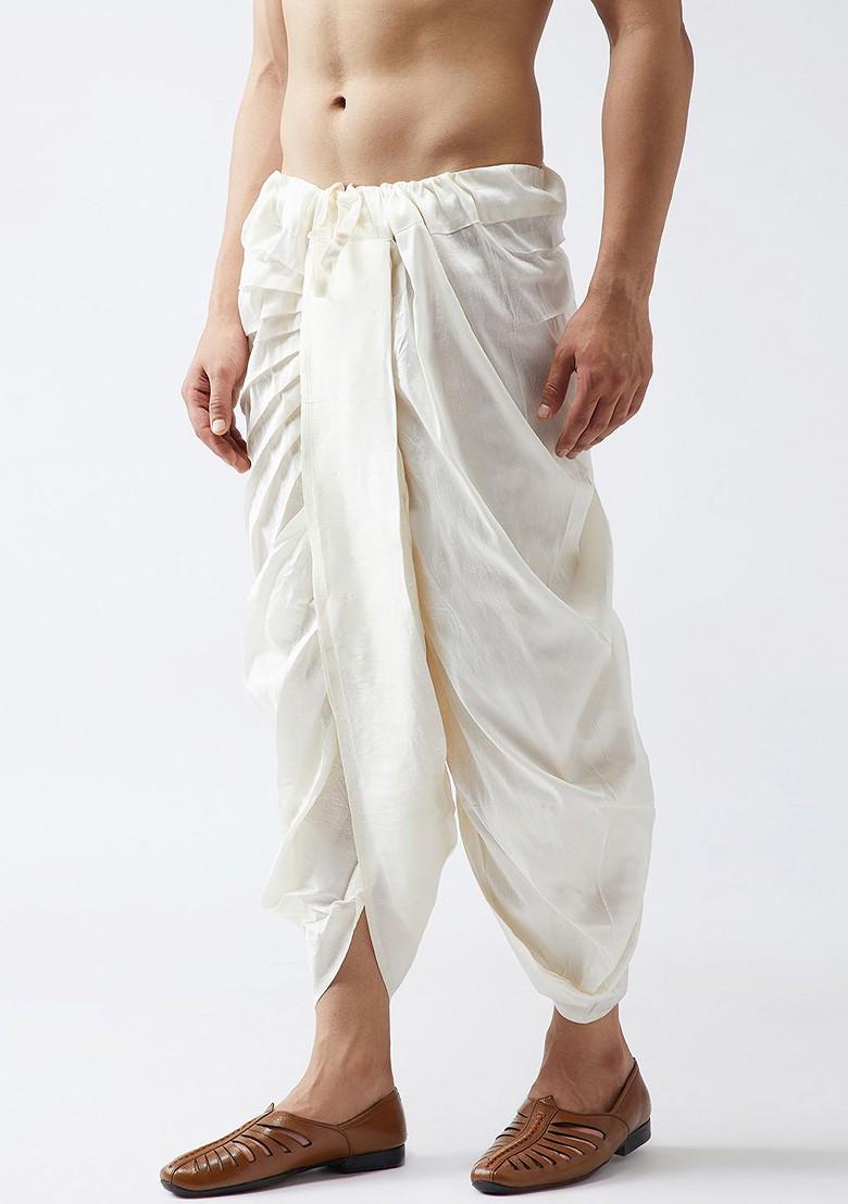 Off White Solid Poly Blend Dhoti For Men