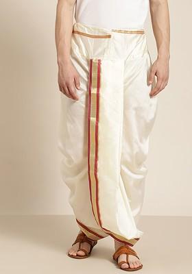 Off White Solid Poly Blend Dhoti For Men