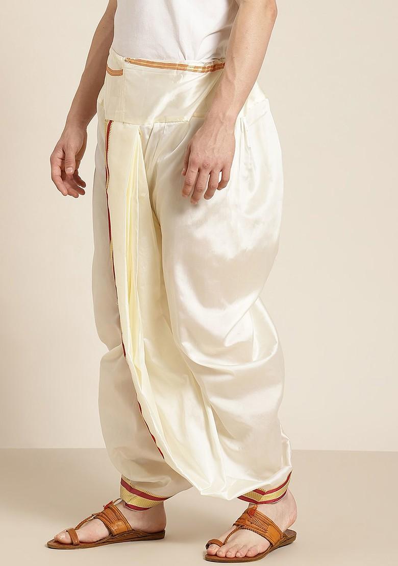 Off White Solid Poly Blend Dhoti For Men