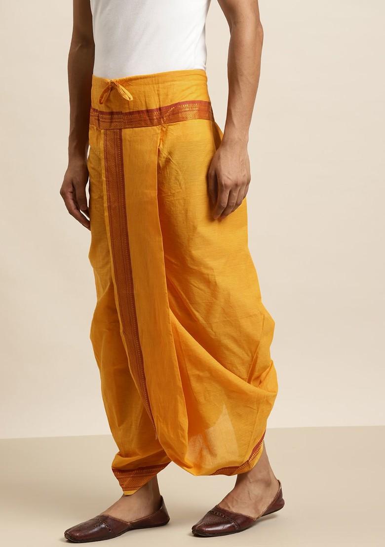 Mustard Solid Poly Blend Dhoti For Men