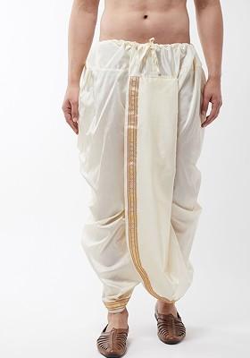 Off White Solid Poly Blend Dhoti For Men