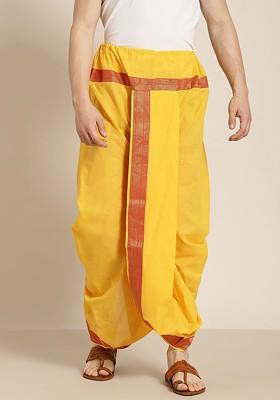 Yellow Solid Cotton Dhoti For Men