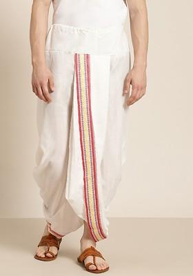 White Solid Poly Blend Dhoti For Men