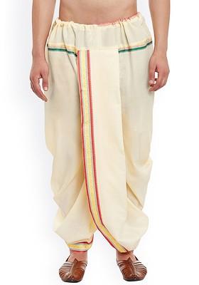 Cream Solid Poly Blend Dhoti For Men