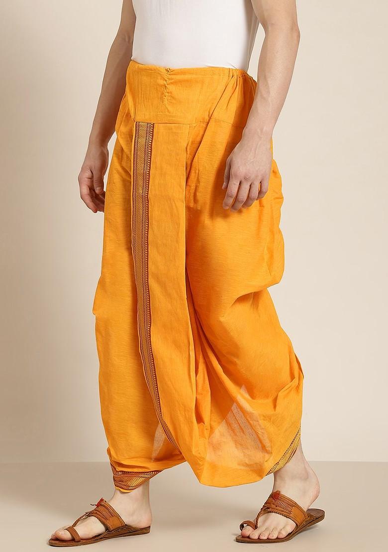 Mustard Solid Cotton Dhoti For Men