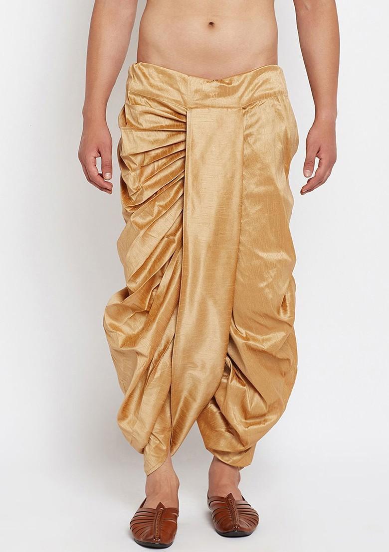 Gold Solid Poly Blend Dhoti For Men