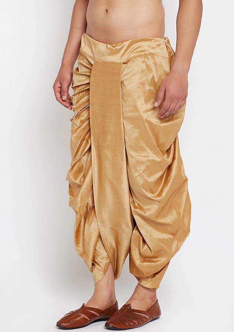 Gold Solid Poly Blend Dhoti For Men