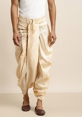 Cream Solid Poly Blend Dhoti For Men