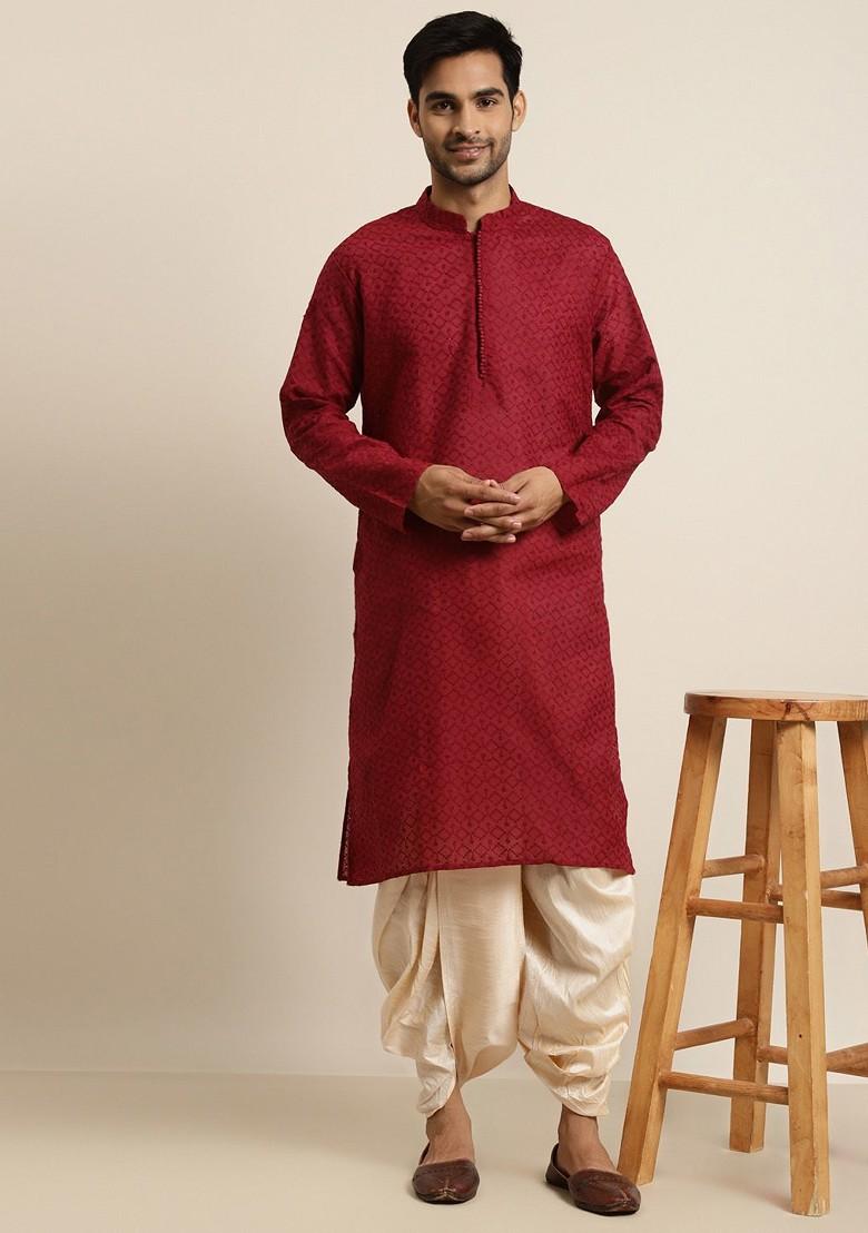 Cream Solid Poly Blend Dhoti For Men