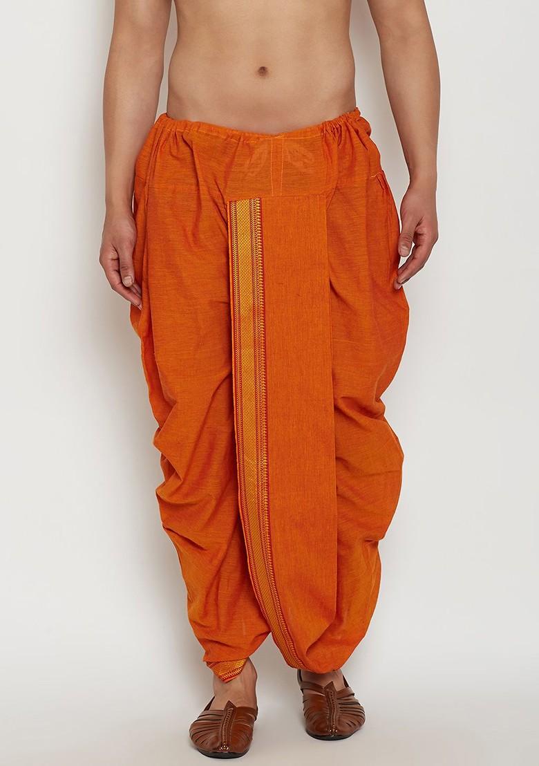 Orange Solid Poly Blend Dhoti For Men