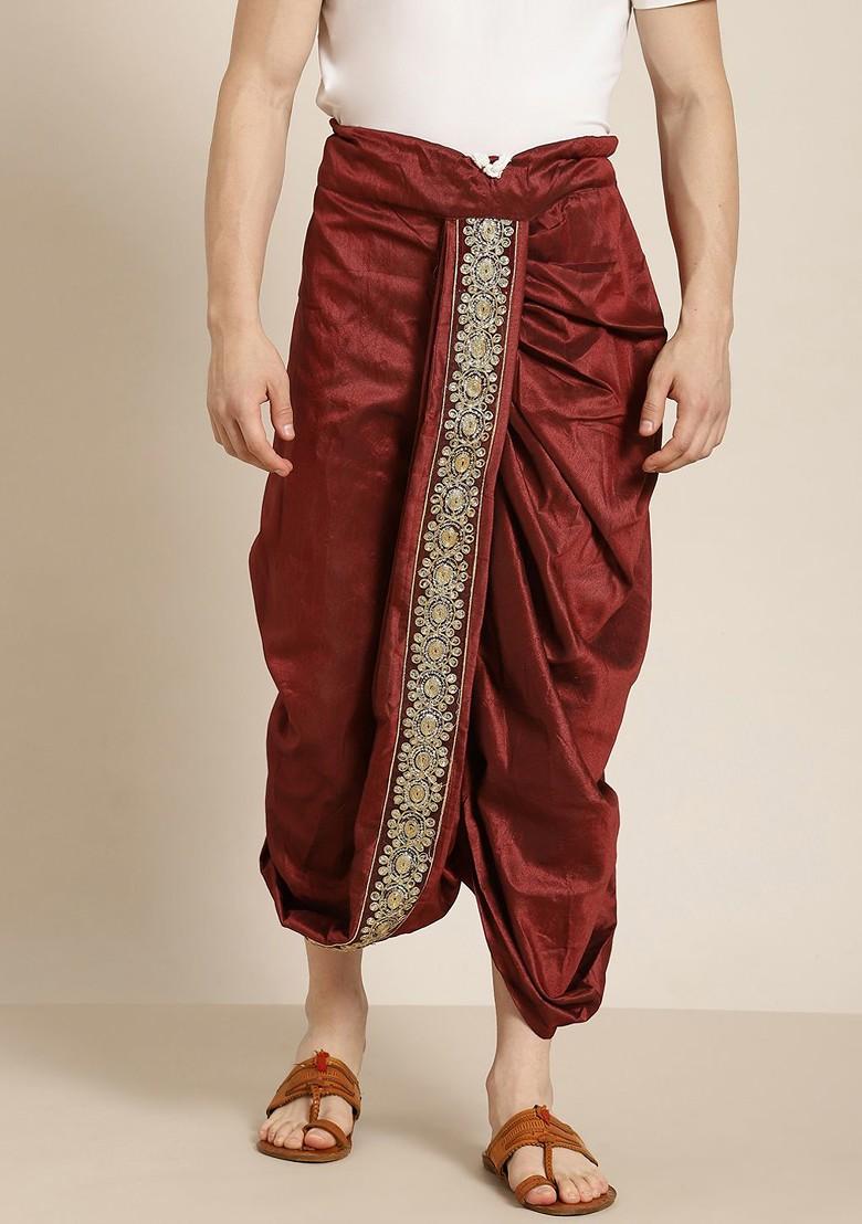 Maroon Solid Poly Blend Dhoti For Men