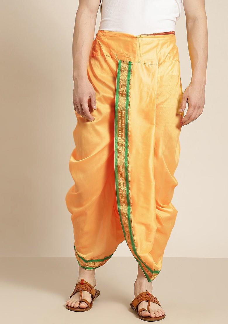 Yellow Solid Poly Blend Dhoti For Men
