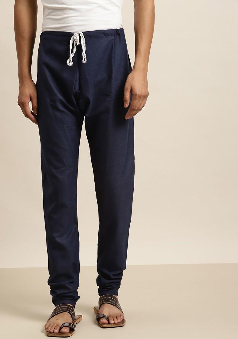 Navy Blue Solid Cotton Churidar For Men