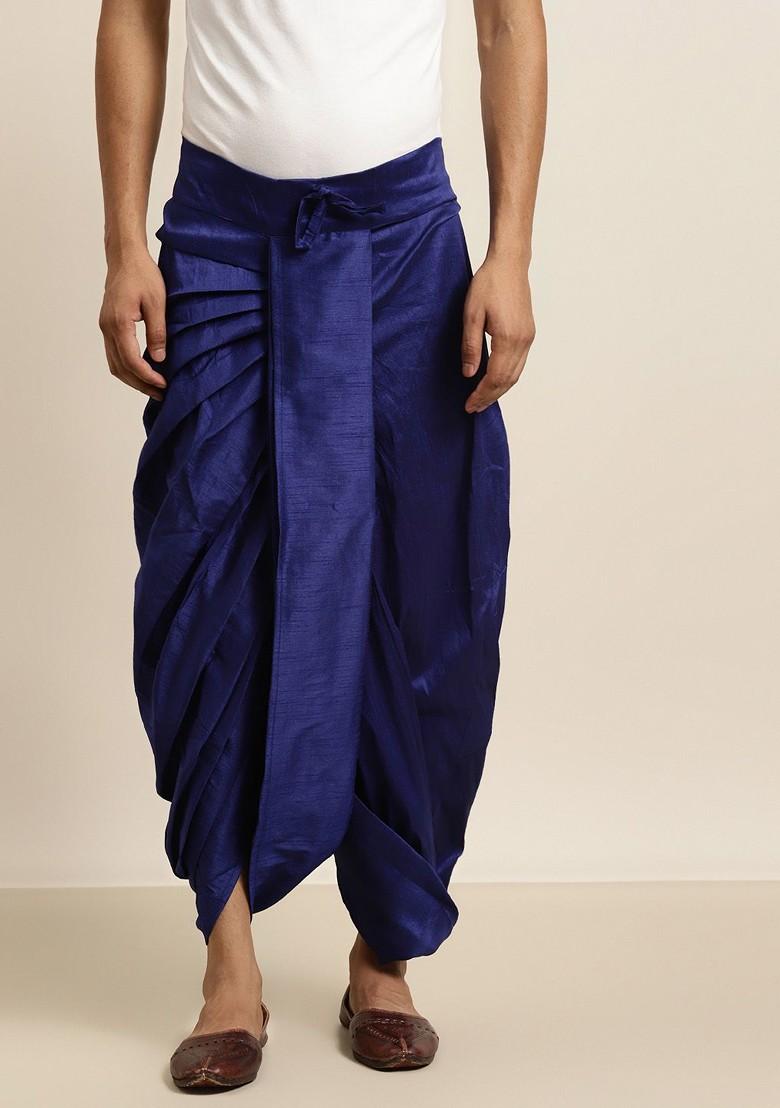 Blue Solid Poly Blend Dhoti For Men