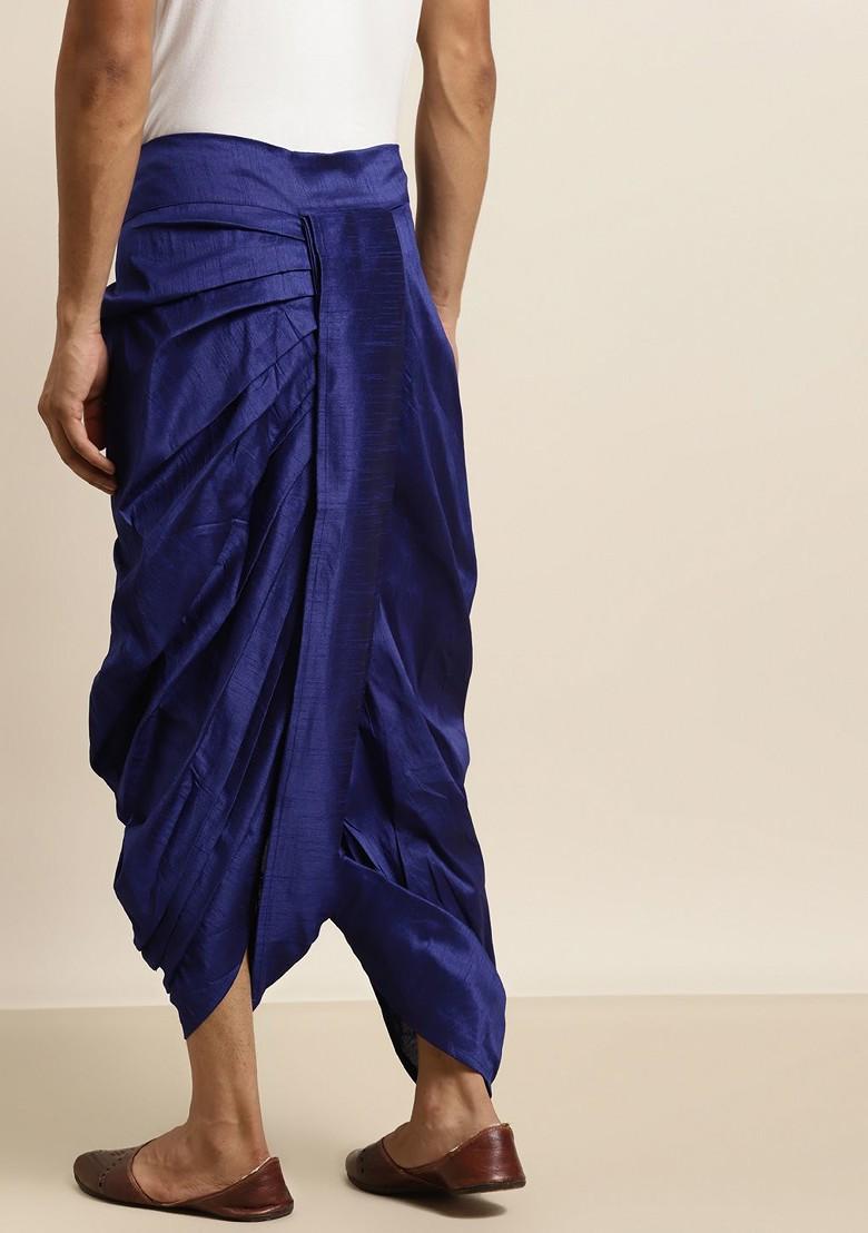 Blue Solid Poly Blend Dhoti For Men