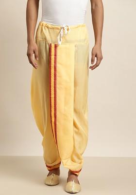 Yellow Solid Poly Blend Dhoti For Men