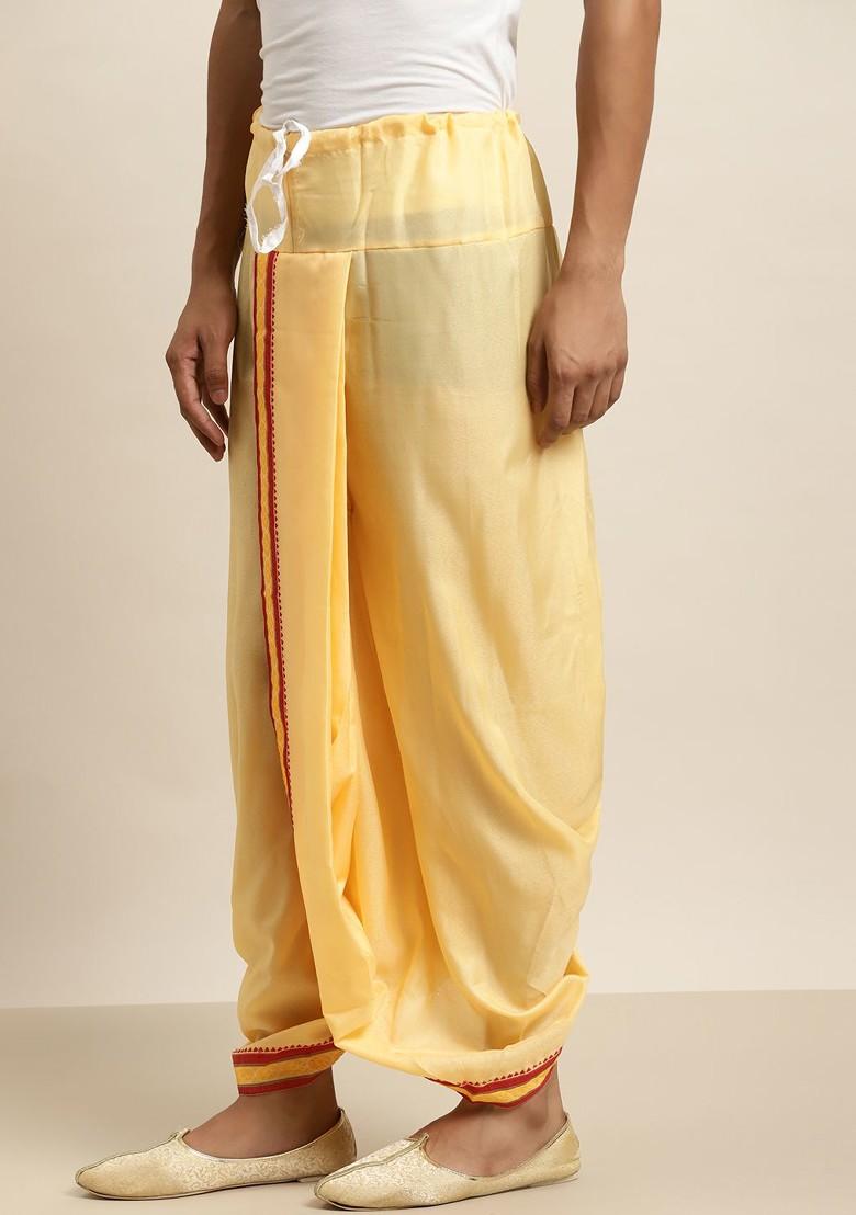 Yellow Solid Poly Blend Dhoti For Men