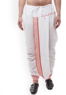 White Solid Poly Blend Dhoti For Men