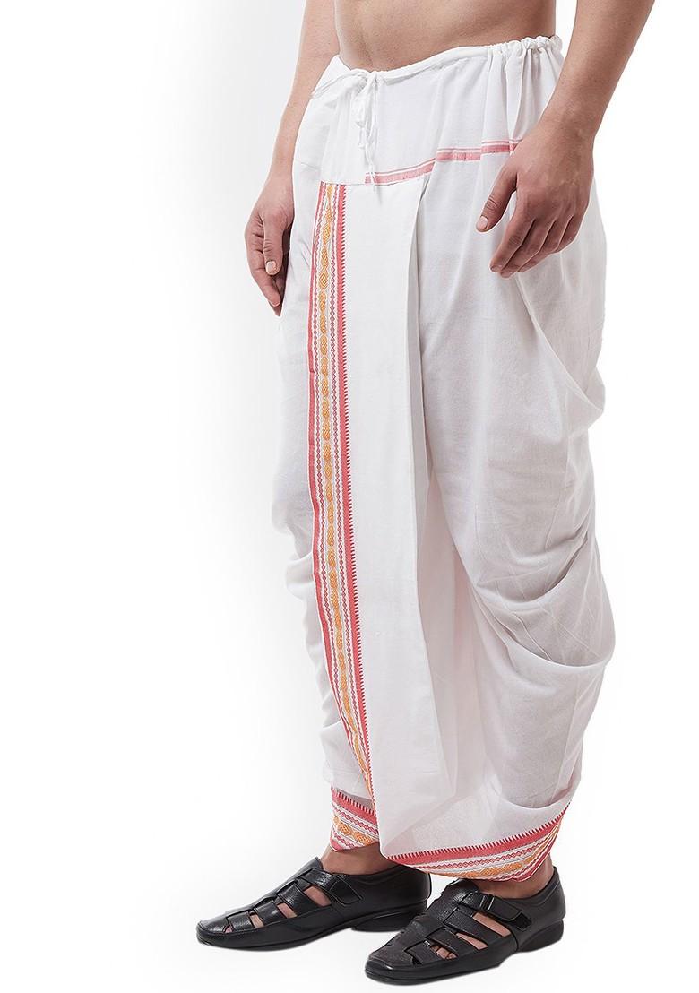 White Solid Poly Blend Dhoti For Men