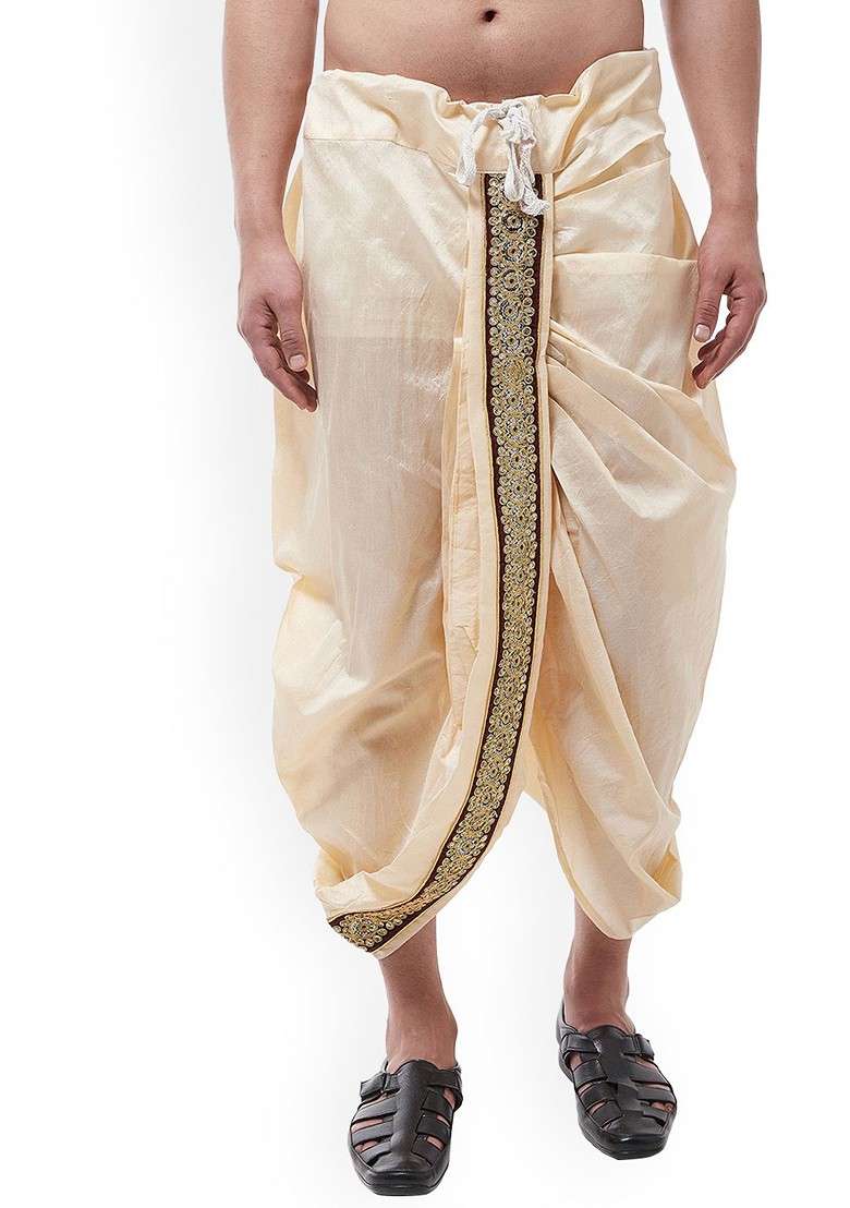 Beige Solid Poly Blend Dhoti For Men - Indya