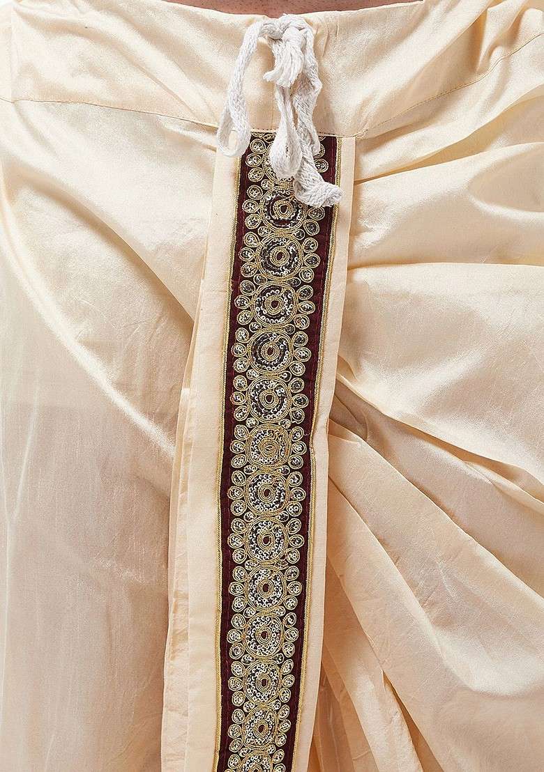 Beige Solid Poly Blend Dhoti For Men - Indya