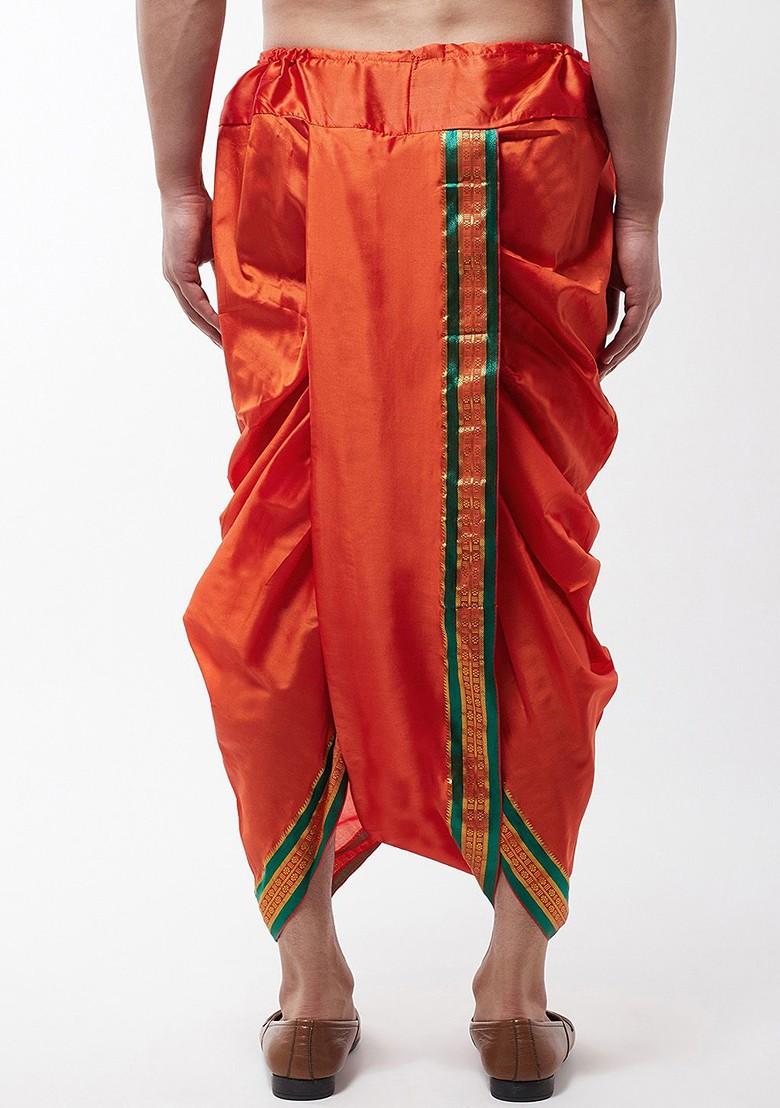 Orange Solid Poly Blend Dhoti For Men